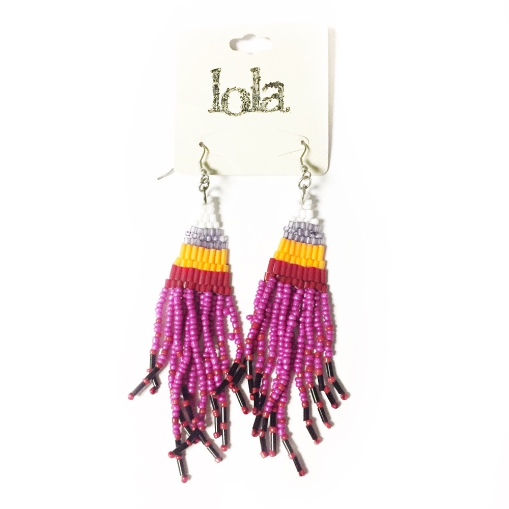 LOLA EARRINGS BEADED FRINGE CHANDELIER PURPLE BOHO